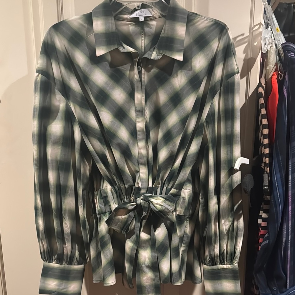 Green Plaid Button-Up BlousePearl by Lela Rose